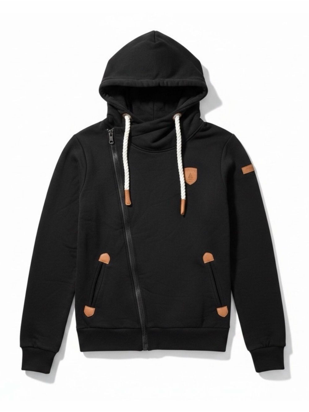 Wanakome Black Hooded Asymmetric Zip Sweatshirt with Tan Accents
